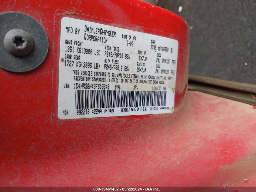 2003 Dodge Durango Sport/Sxt VIN: 1D4HR38N43F515646 Lot: 39461452