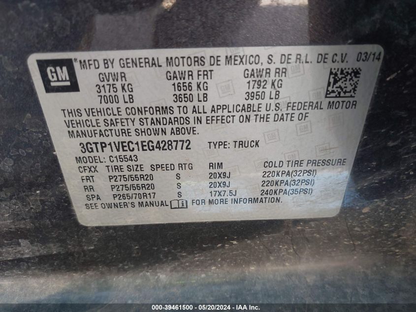 2014 GMC Sierra 1500 Slt VIN: 3GTP1VEC1EG428772 Lot: 39461500