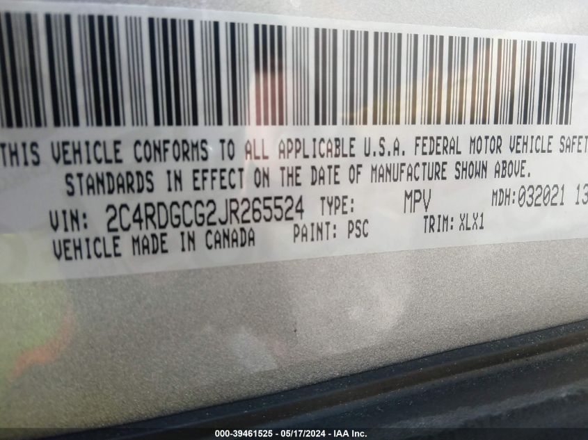 2018 Dodge Grand Caravan Sxt VIN: 2C4RDGCG2JR265524 Lot: 39461525