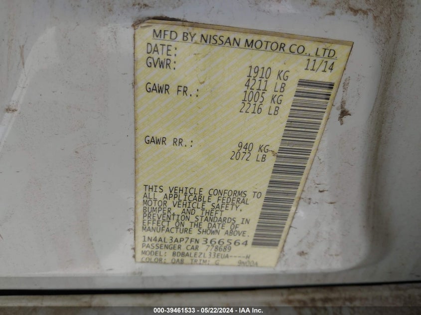 2015 Nissan Altima 2.5 S VIN: 1N4AL3AP7FN366564 Lot: 39461533