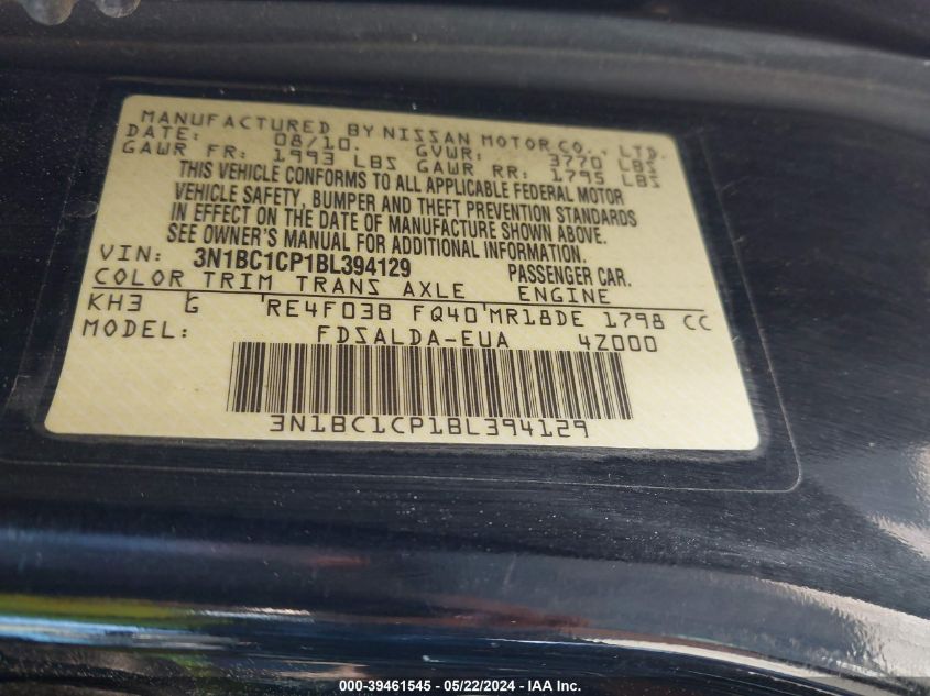 2011 Nissan Versa 1.8S VIN: 3N1BC1CP1BL394129 Lot: 39461545