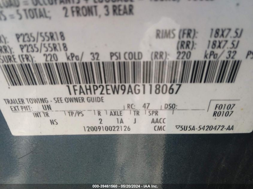 2010 Ford Taurus Sel VIN: 1FAHP2EW9AG118067 Lot: 39461560