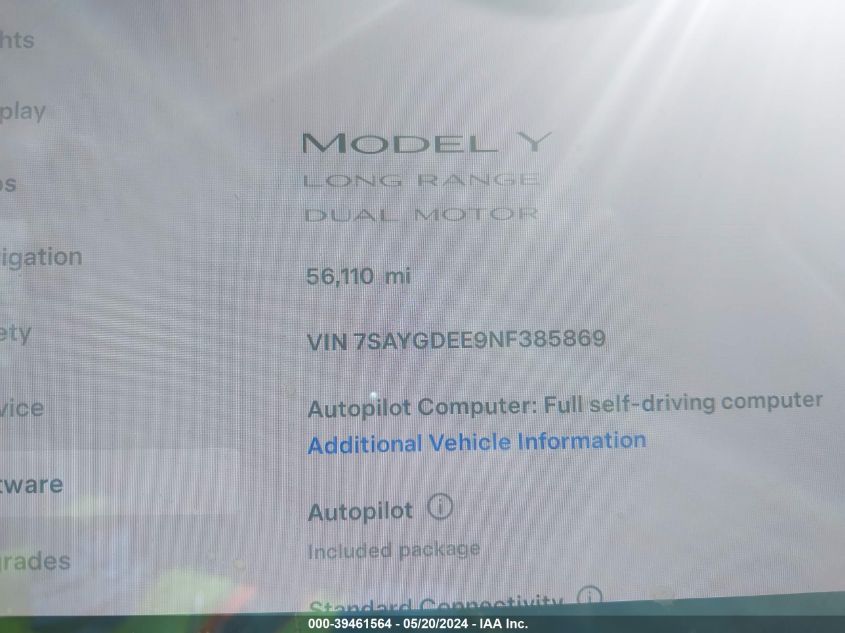 2022 Tesla Model Y Long Range Dual Motor All-Wheel Drive VIN: 7SAYGDEE9NF385869 Lot: 39461564