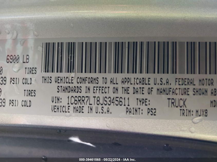 2018 Ram 1500 Big Horn 4X4 5'7 Box VIN: 1C6RR7LT8JS345611 Lot: 39461565