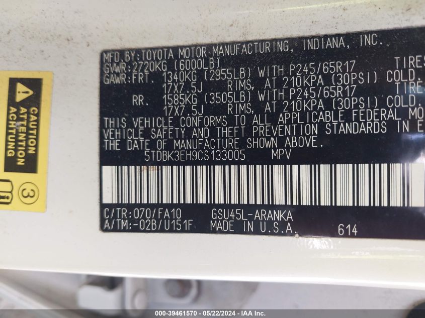 2012 Toyota Highlander Base V6 VIN: 5TDBK3EH9CS133005 Lot: 39461570