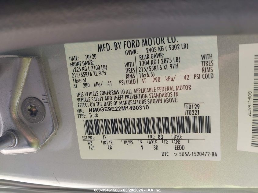 2021 Ford Transit Connect Xl VIN: NM0GE9E22M1490310 Lot: 39461588