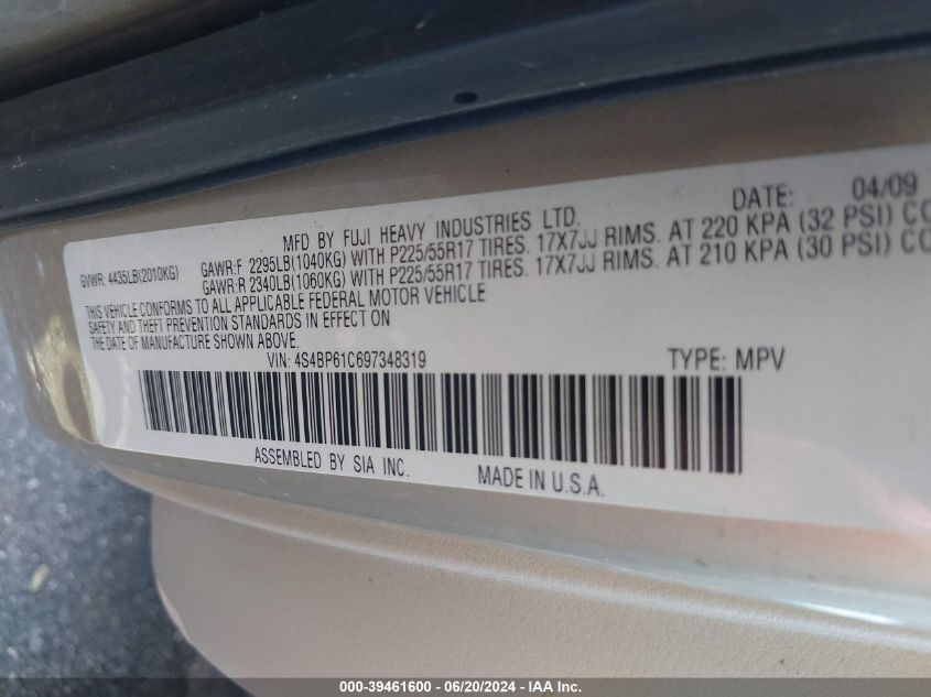 2009 Subaru Outback 2.5I VIN: 4S4BP61C697348319 Lot: 39461600