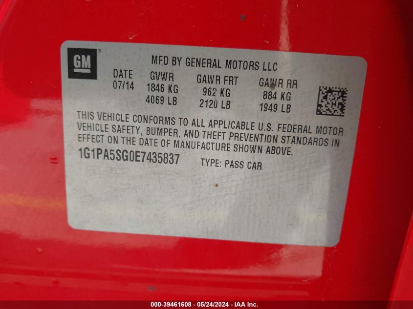 2014 Chevrolet Cruze Ls Auto VIN: 1G1PA5SG0E7435837 Lot: 39461608