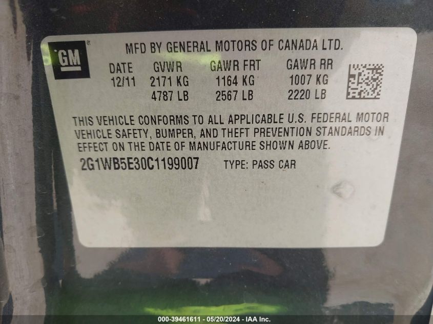 2012 Chevrolet Impala Lt VIN: 2G1WB5E30C1199007 Lot: 39461611