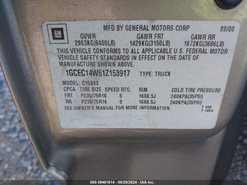 2001 Chevrolet Silverado 1500 VIN: 1GCEC14W61Z153917 Lot: 39461614