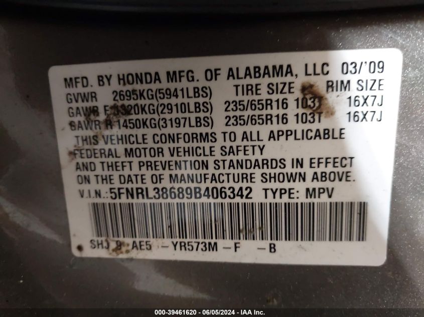 2009 Honda Odyssey Ex-L VIN: 5FNRL38689B406342 Lot: 39461620