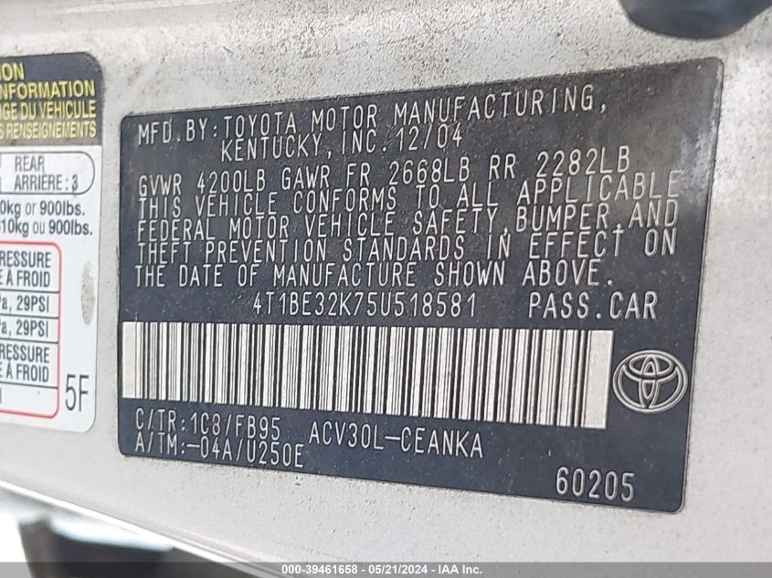 2005 Toyota Camry Le VIN: 4T1BE32K75U518581 Lot: 39461658