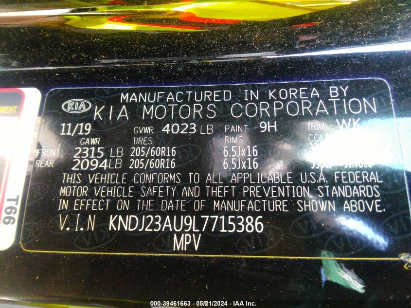 2020 Kia Soul Lx VIN: KNDJ23AU9L7715386 Lot: 39461663