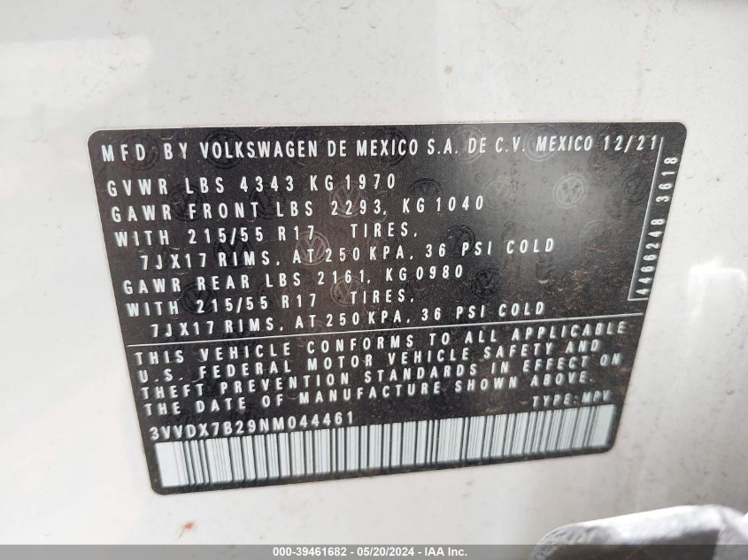 2022 Volkswagen Taos 1.5T S VIN: 3VVDX7B29NM044461 Lot: 39461682