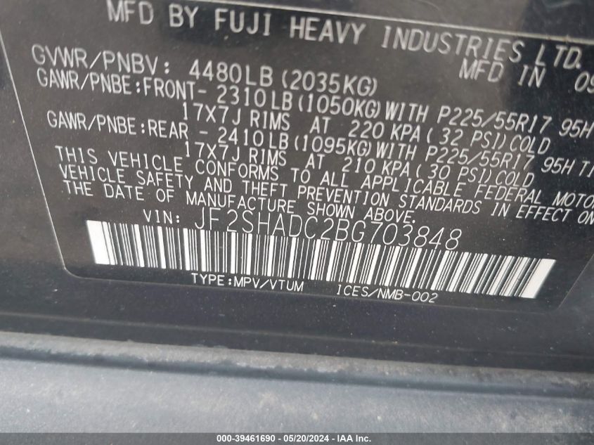 2011 Subaru Forester 2.5X Premium VIN: JF2SHADC2BG703848 Lot: 39461690