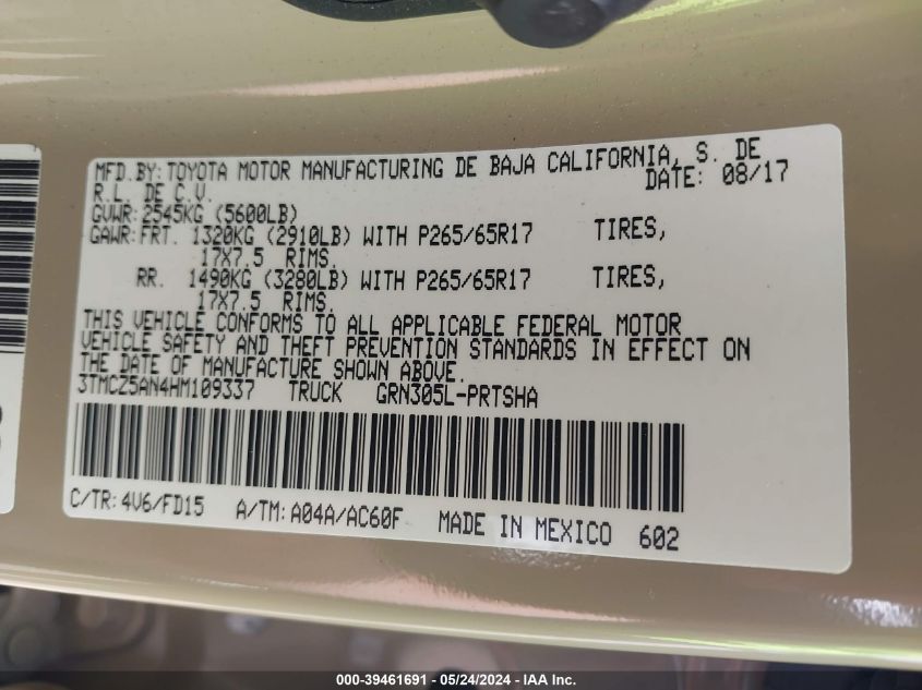 2017 Toyota Tacoma Trd Sport VIN: 3TMCZ5AN4HM109337 Lot: 39461691