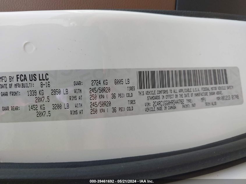 2017 Chrysler Pacifica Limited VIN: 2C4RC1GG0HR544782 Lot: 39461692