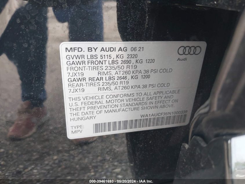 2022 Audi Q3 Premium 40 Tfsi Quattro Tiptronic VIN: WA1AUCF35N1000339 Lot: 39461693