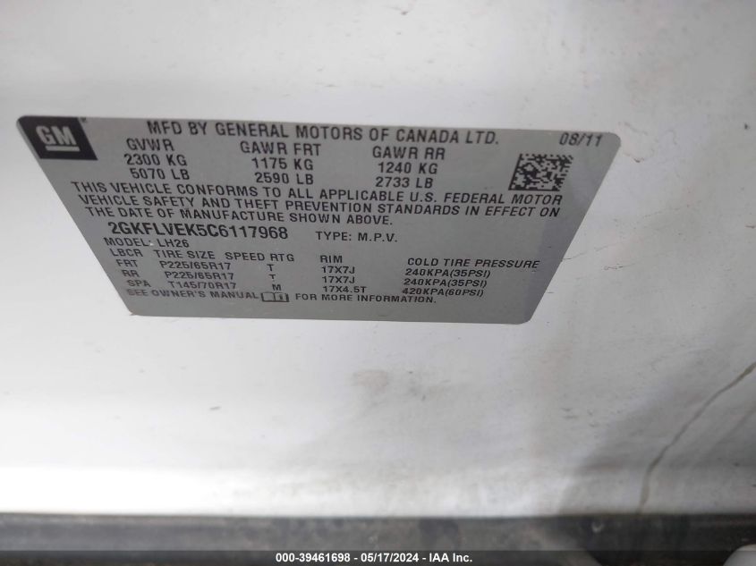 2012 GMC Terrain Slt-1 VIN: 2GKFLVEK5C6117968 Lot: 39461698