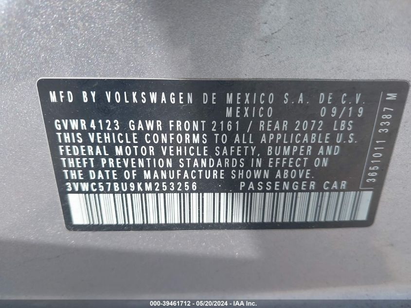 2019 Volkswagen Jetta VIN: 3VWC57BU9KM253256 Lot: 39461712