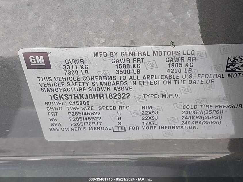 2017 GMC Yukon Xl Denali VIN: 1GKS1HKJ0HR182322 Lot: 39461715