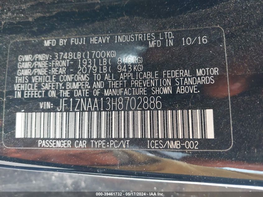 2017 Toyota 86 VIN: JF1ZNAA13H8702886 Lot: 39461732