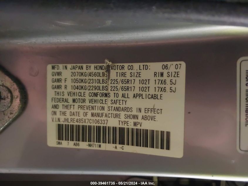 2007 Honda Cr-V Ex VIN: JHLRE485X7C106337 Lot: 39461735