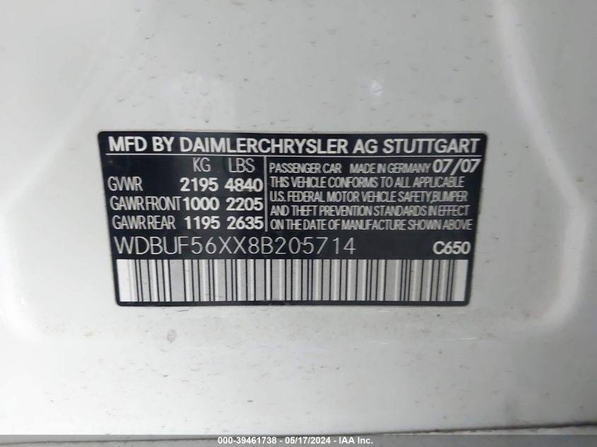 2008 Mercedes-Benz E 350 VIN: WDBUF56XX8B205714 Lot: 39461738