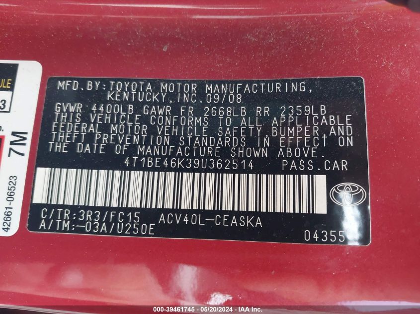 2009 Toyota Camry Se VIN: 4T1BE46K39U362514 Lot: 39461745