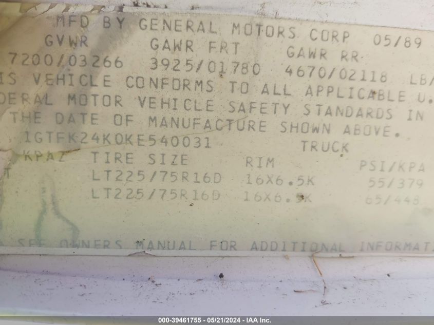 1989 GMC Sierra K2500 VIN: 1GTFK24K0KE540031 Lot: 39461755