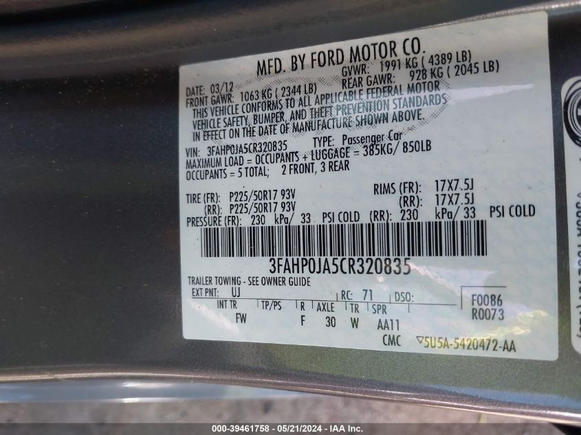 2012 Ford Fusion Sel VIN: 3FAHP0JA5CR320835 Lot: 39461758