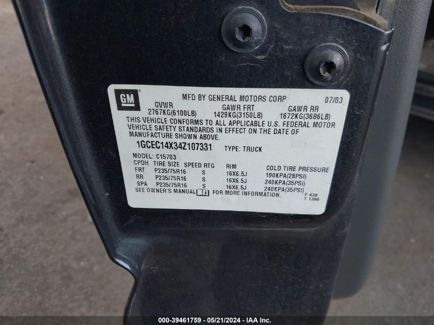 2004 Chevrolet Silverado 1500 VIN: 1GCEC14X34Z107331 Lot: 39461759