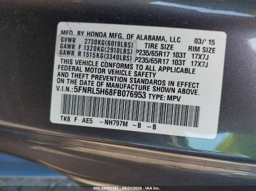 2015 Honda Odyssey Ex-L VIN: 5FNRL5H68FB076953 Lot: 39461767