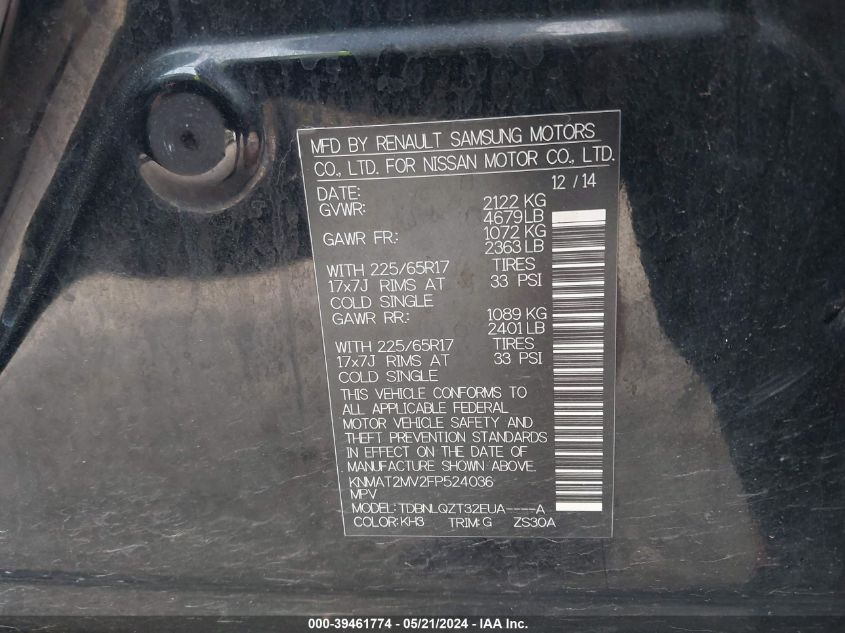 2015 Nissan Rogue Sv VIN: KNMAT2MV2FP524036 Lot: 39461774