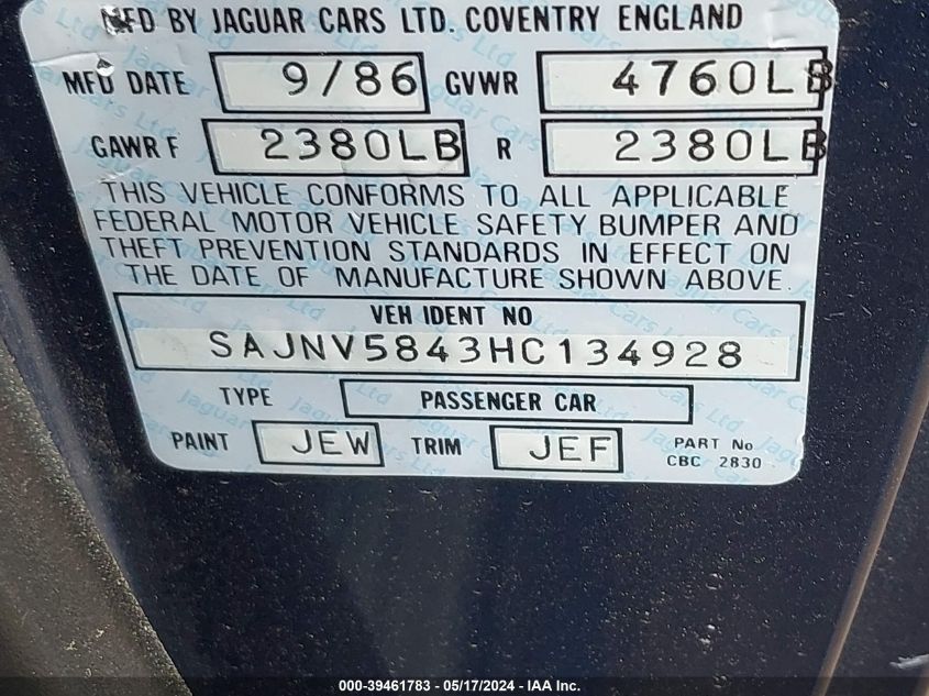 1987 Jaguar Xjs VIN: SAJNV5843HC134928 Lot: 39461783