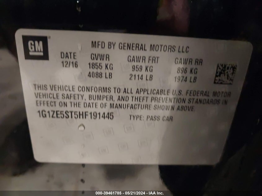 2017 Chevrolet Malibu 1Lt VIN: 1G1ZE5ST5HF191445 Lot: 39461785