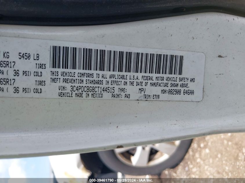 2012 Dodge Journey Sxt VIN: 3C4PDCBG8CT144515 Lot: 39461790