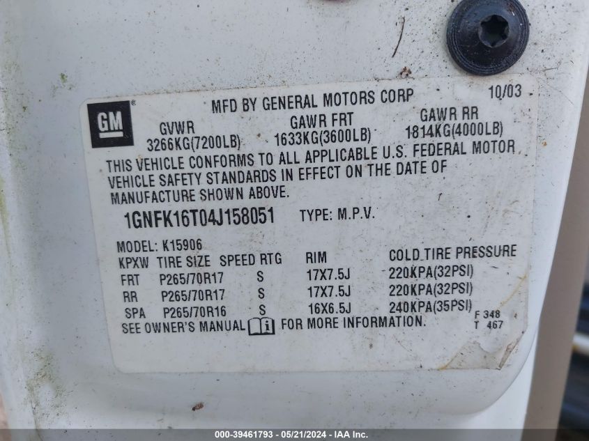 2004 Chevrolet Suburban 1500 Lt VIN: 1GNFK16T04J158051 Lot: 39461793