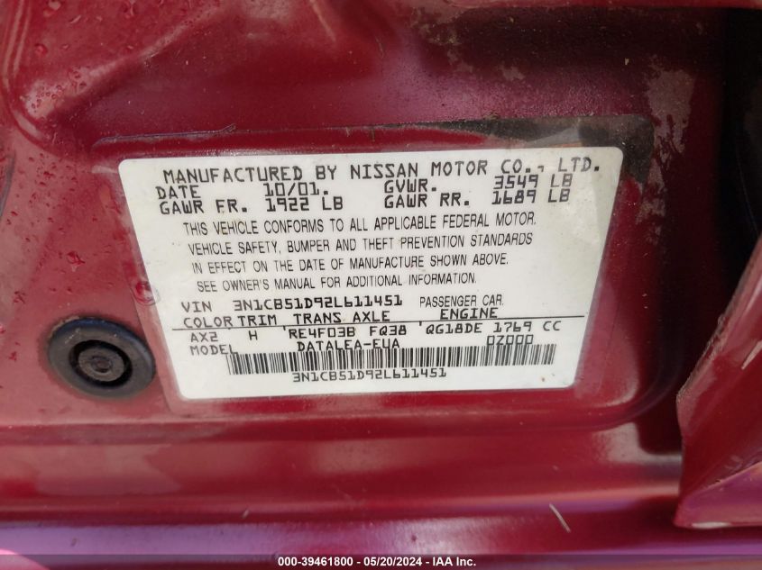 2002 Nissan Sentra Gxe VIN: 3N1CB51D92L611451 Lot: 39461800