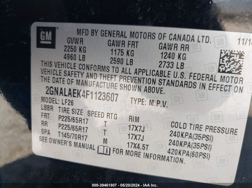 2015 Chevrolet Equinox Ls VIN: 2GNALAEK4F1123607 Lot: 39461807