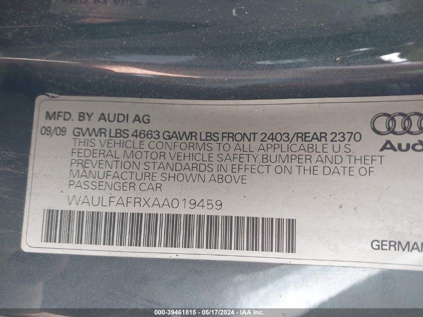 2010 Audi A5 2.0T Premium VIN: WAULFAFRXAA019459 Lot: 39461815