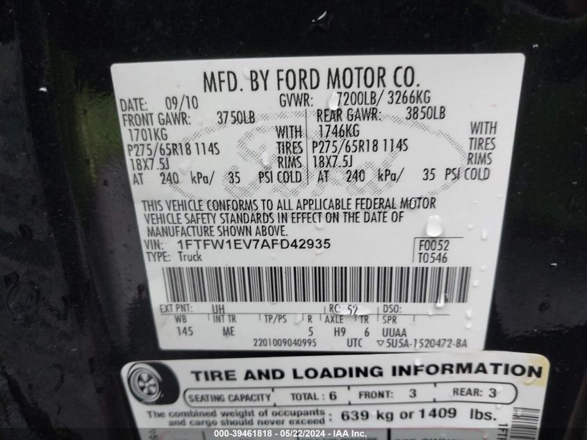 2010 Ford F-150 Fx4/Harley-Davidson/King Ranch/Lariat/Platinum/Xl/Xlt VIN: 1FTFW1EV7AFD42935 Lot: 39461818