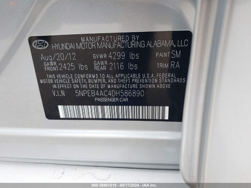 2013 Hyundai Sonata Gls VIN: 5NPEB4AC4DH586890 Lot: 39461819