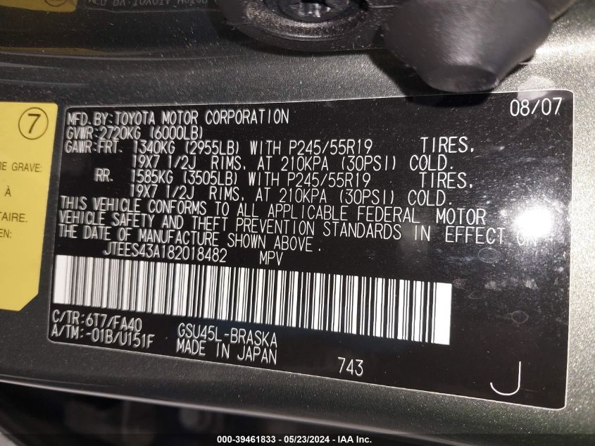 2008 Toyota Highlander Sport VIN: JTEES43A182018482 Lot: 39461833