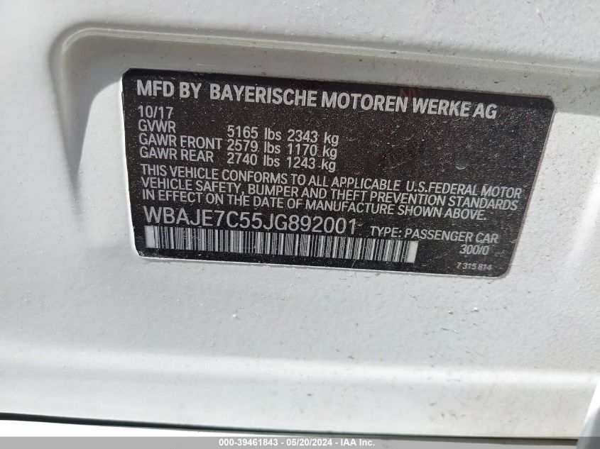 2018 BMW 540I xDrive VIN: WBAJE7C55JG892001 Lot: 39461843