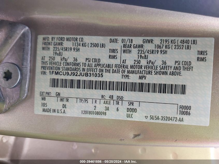 2018 Ford Escape Titanium VIN: 1FMCU9J92JUB31035 Lot: 39461856