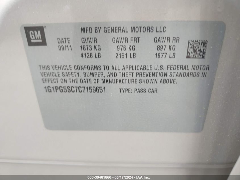 2012 Chevrolet Cruze 2Lt VIN: 1G1PG5SC7C7159651 Lot: 39461860