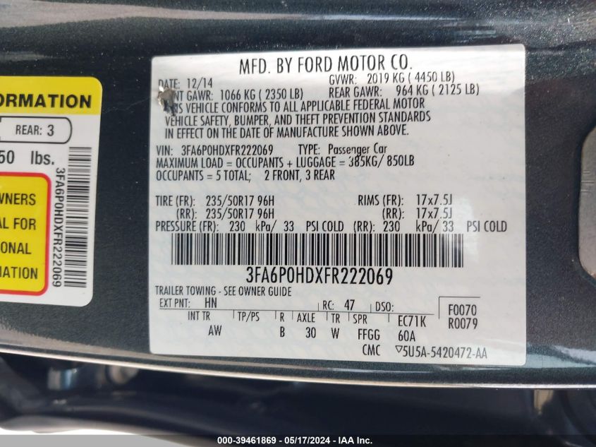 2015 Ford Fusion Se VIN: 3FA6P0HDXFR222069 Lot: 39461869