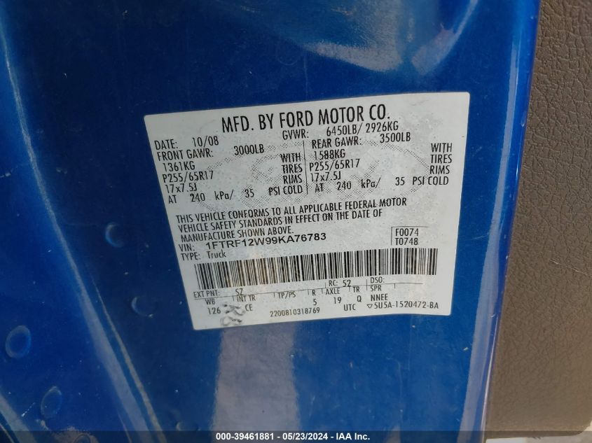 2009 Ford F-150 Stx/Xl/Xlt VIN: 1FTRF12W99KA76783 Lot: 39461881
