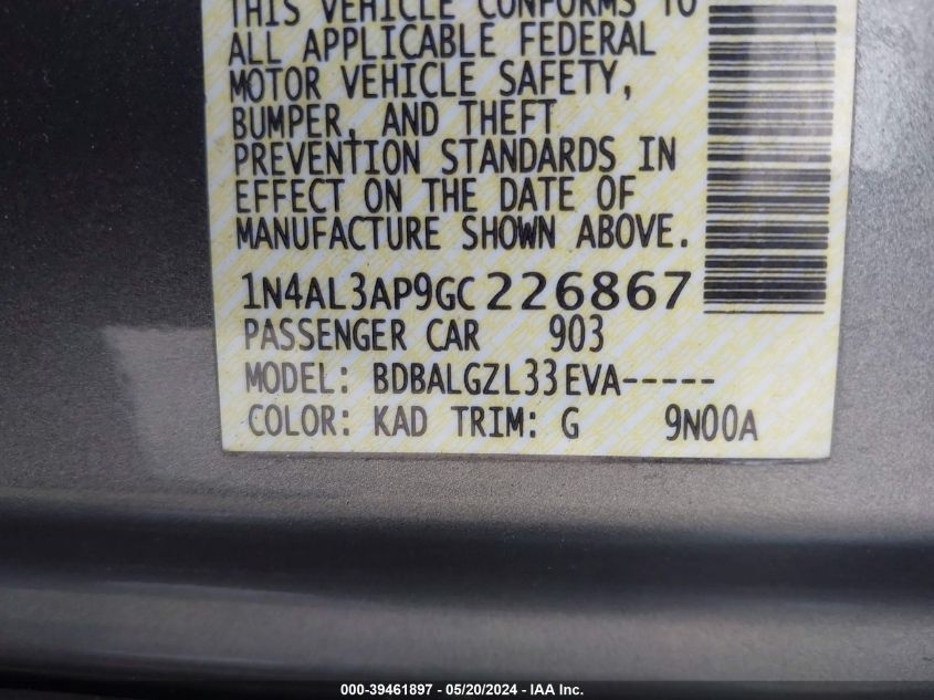 2016 Nissan Altima 2.5/2.5 S/2.5 Sl/2.5 Sr/2.5 Sv VIN: 1N4AL3AP9GC226867 Lot: 39461897